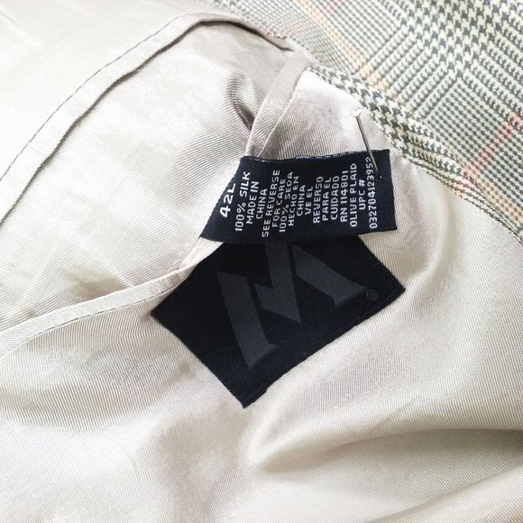 Vintage 90s-Y2K Blazer 100% Silk Suit Jacket Men-42L Fitted 2-Button Olive Plaid - Picture 7 of 10